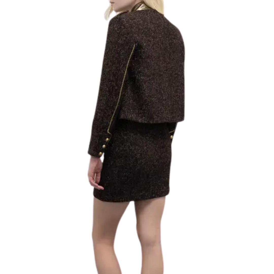 Giacca stile militare in tweed lurex modello Soldy con collo rotondo e bottoni dorati