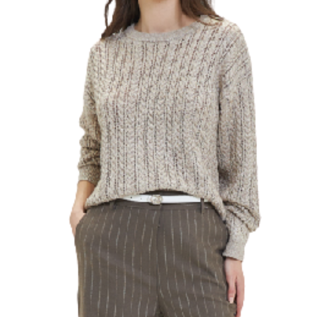 Goa Goa maglione a trecce in misto lana modello Orix colore fango con scollo rotondo e micropaillettes
