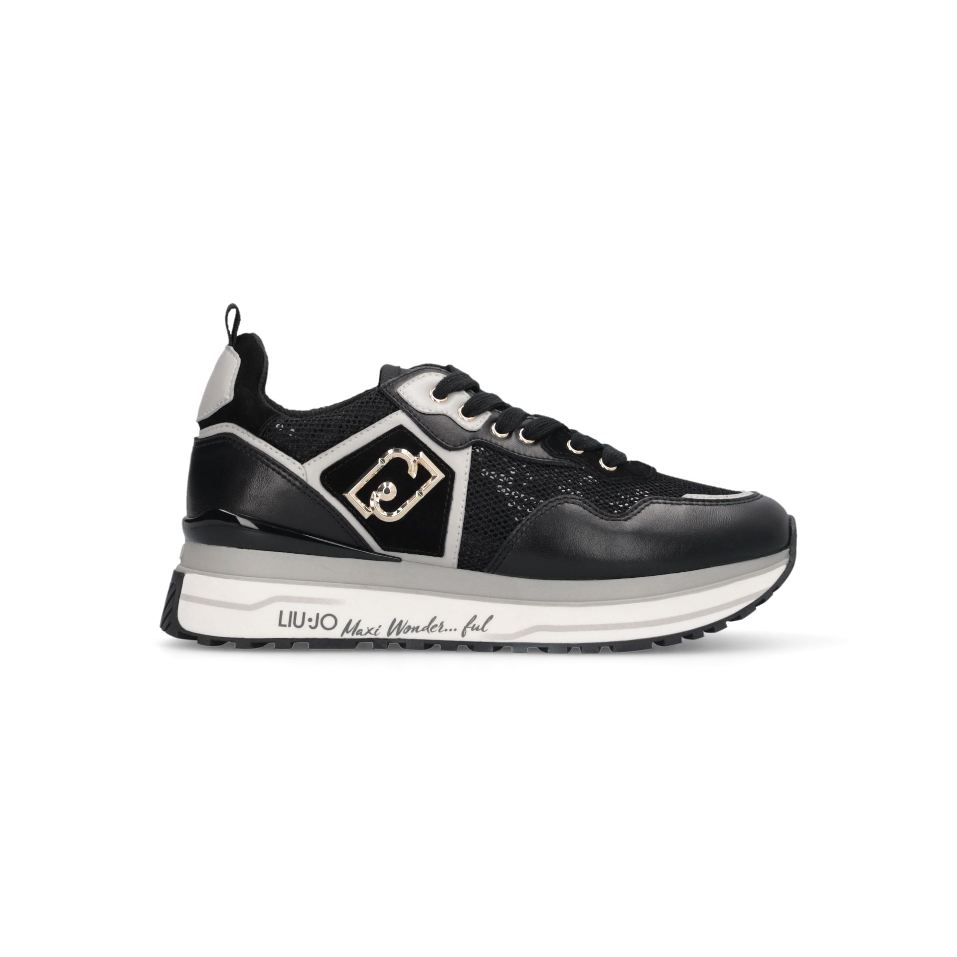 Liu Jo Plataforma de las mujeres Maxi Wonder 01 zapatillas en cuero de malla y lentejuelas con azulejo de multicapa negro