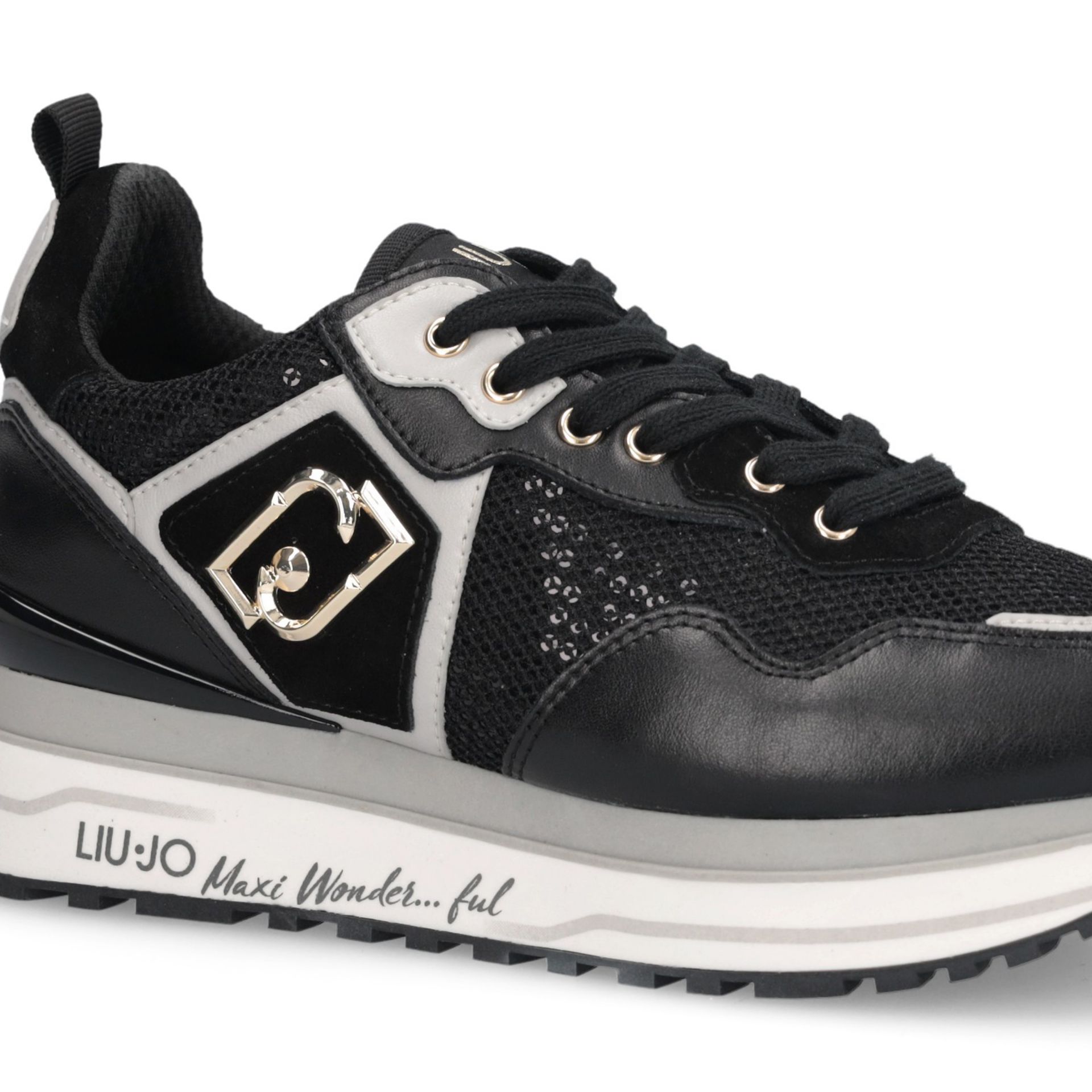Liu Jo Plataforma de las mujeres Maxi Wonder 01 zapatillas en cuero de malla y lentejuelas con azulejo de multicapa negro