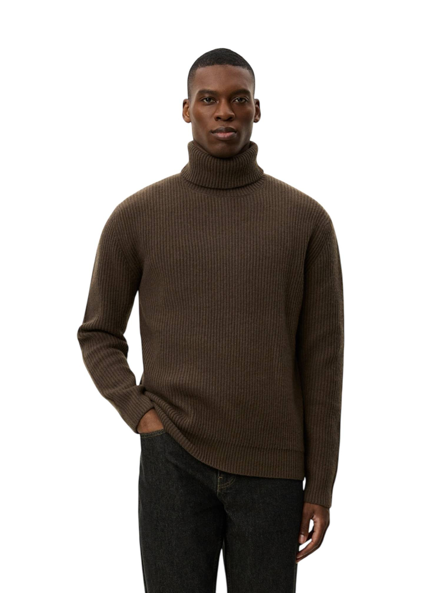 Les Deux Eddie Wool Rib Rollneck Strickpullover High Hals Pullover in Merinowolle - Teak Brown