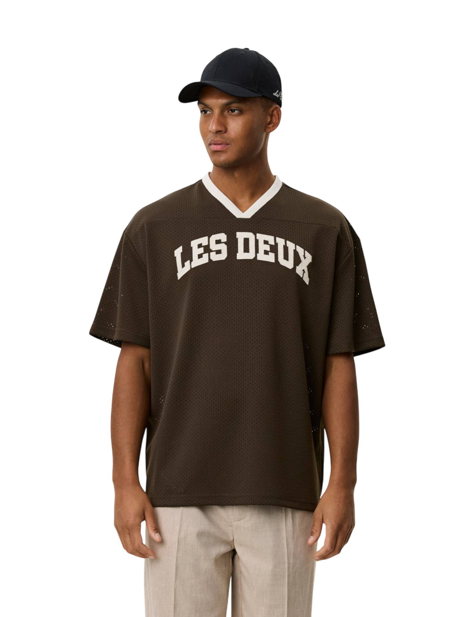 Les Deux Bronson Mesh T-Shirt jersey con scollo a v - coffe brown