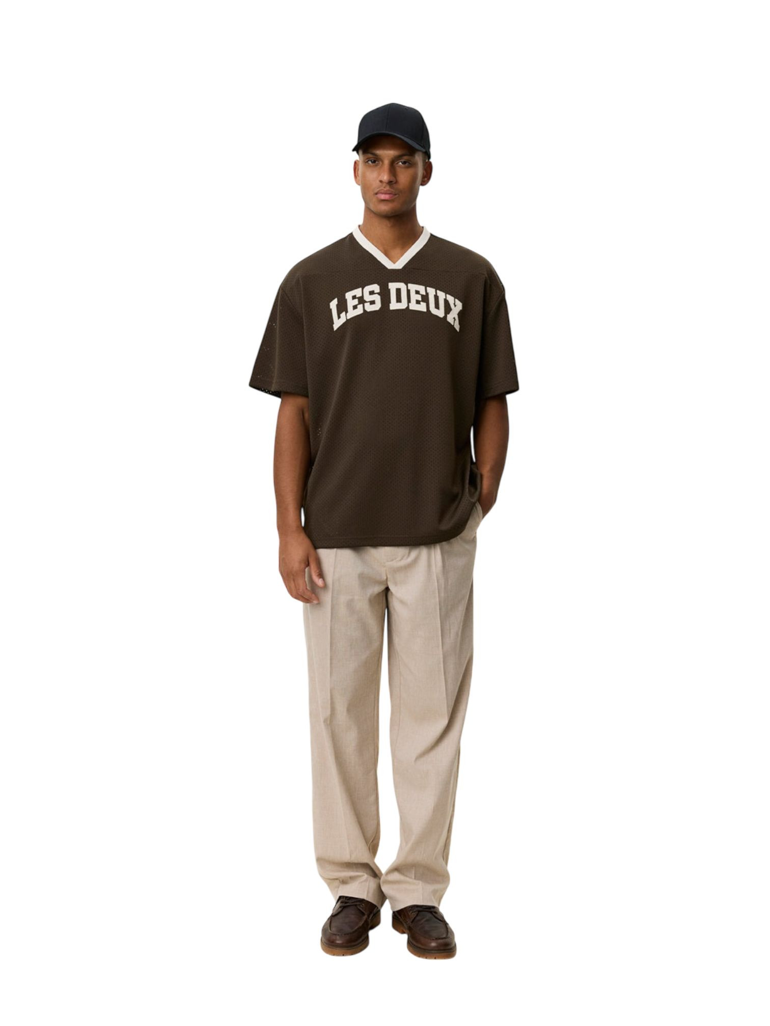Les Deux Bronson Mesh T-Shirt jersey con scollo a v - coffe brown