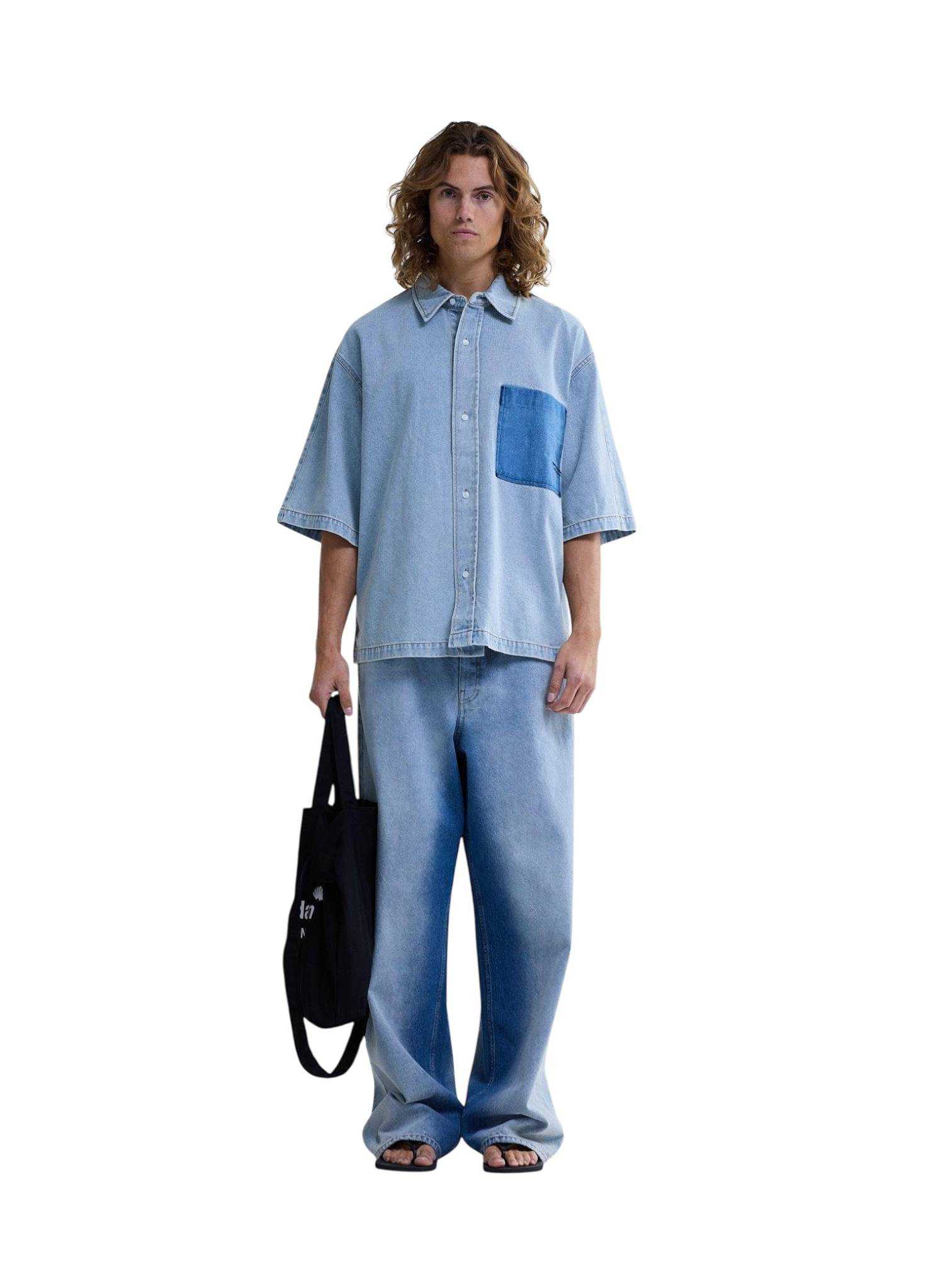 New Amsterdam surf Association Lyocell short sleeves shirt camicia boxy maniche corte - light blue