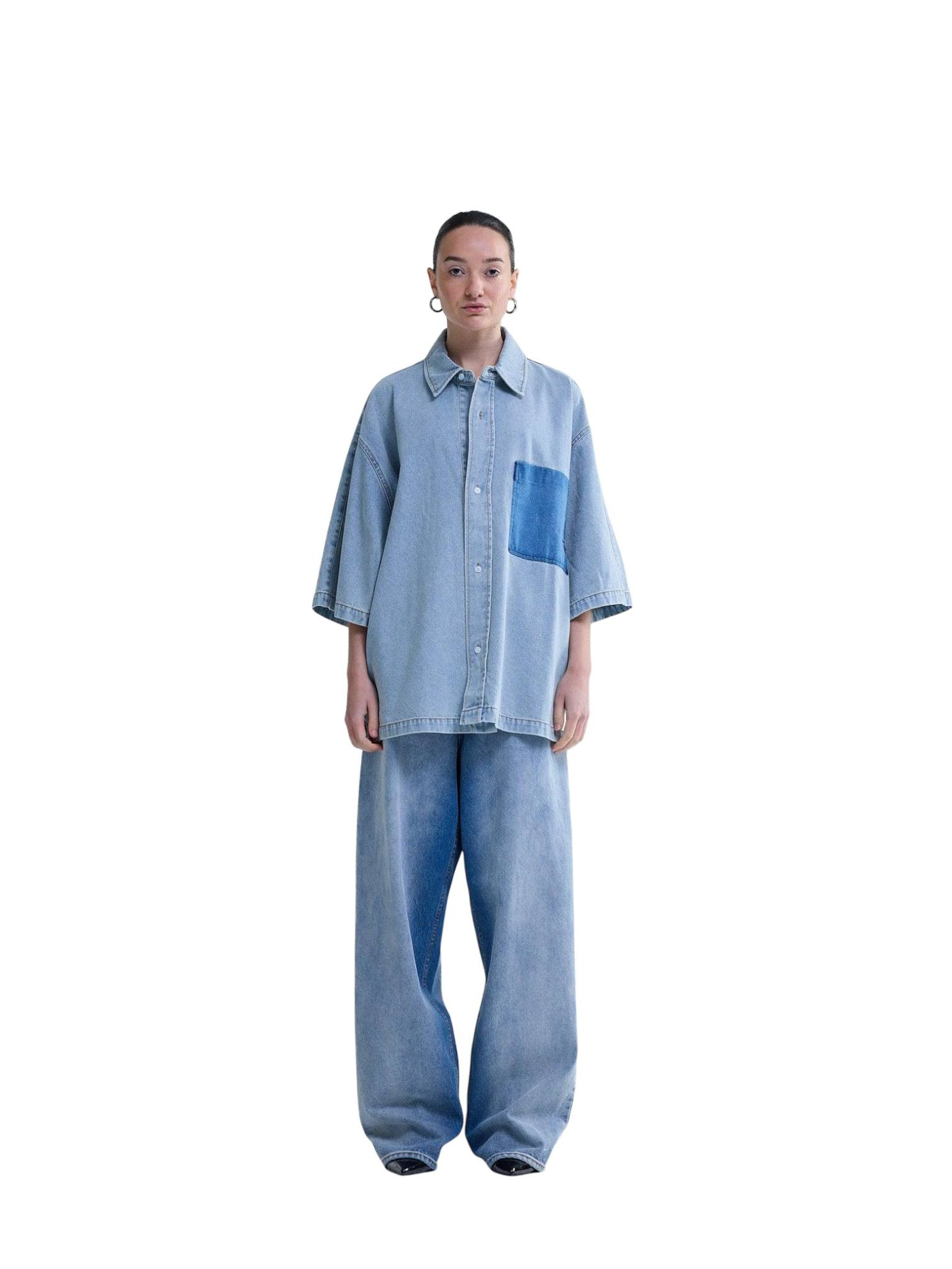 New Amsterdam surf Association Lyocell short sleeves shirt camicia boxy maniche corte - light blue