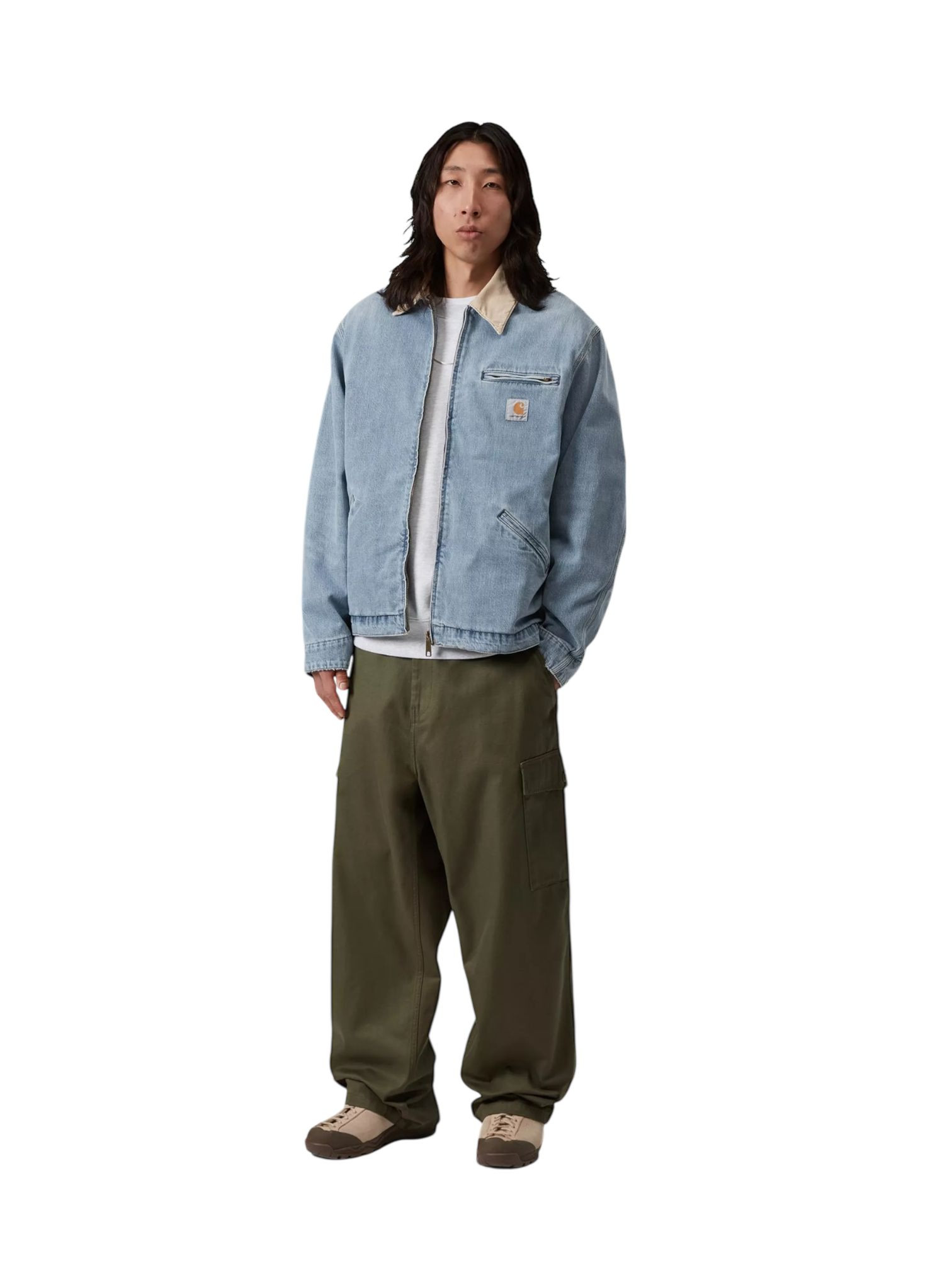 Carhartt Wip Og Detroit jasje licht denim jack met kraag - Blauw / Dusty H Bruin gebarsten gewassen